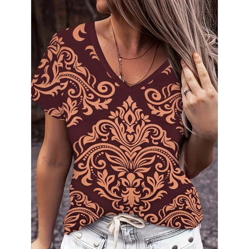 Модная женская футболка с V-образным вырезом, летняя уличная мода, топы с коротким рукавом, цветочные принты, свободная одежда больших размеров
