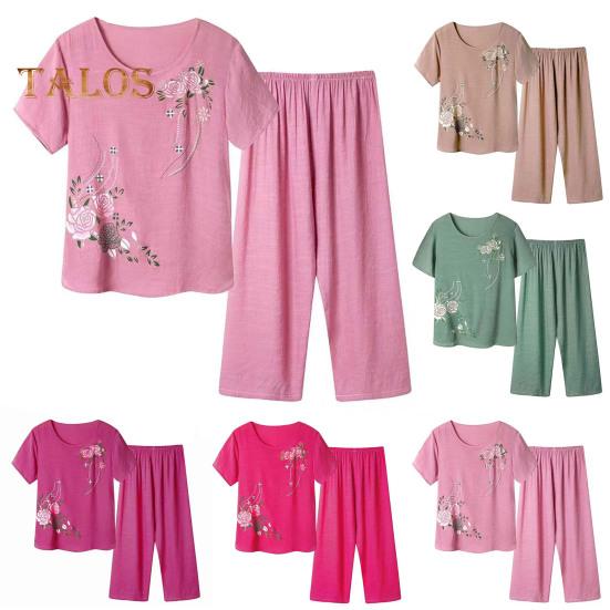 2 шт./компл., женская футболка, брюки, комплект домашней одежды, однотонный цветочный принт, круглый вырез с коротким рукавом, топ с широкими штанинами и эластичной резинкой на талии, свободные брюки, пижамы