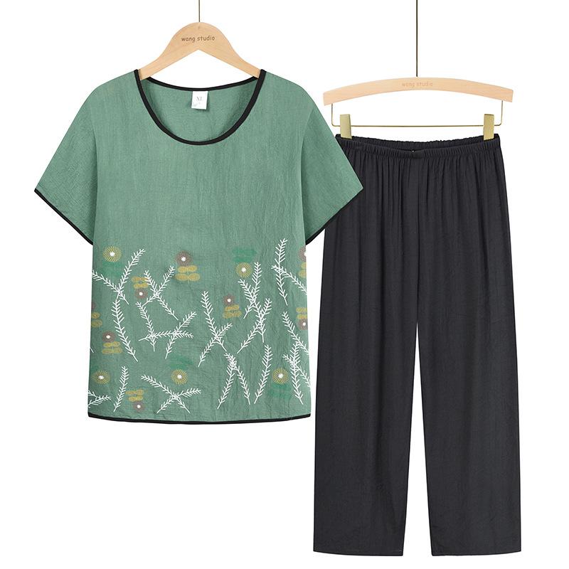 Летние двухкомпонентные топы из хлопка и льна для женщин 60-70 лет - Короткий рукав