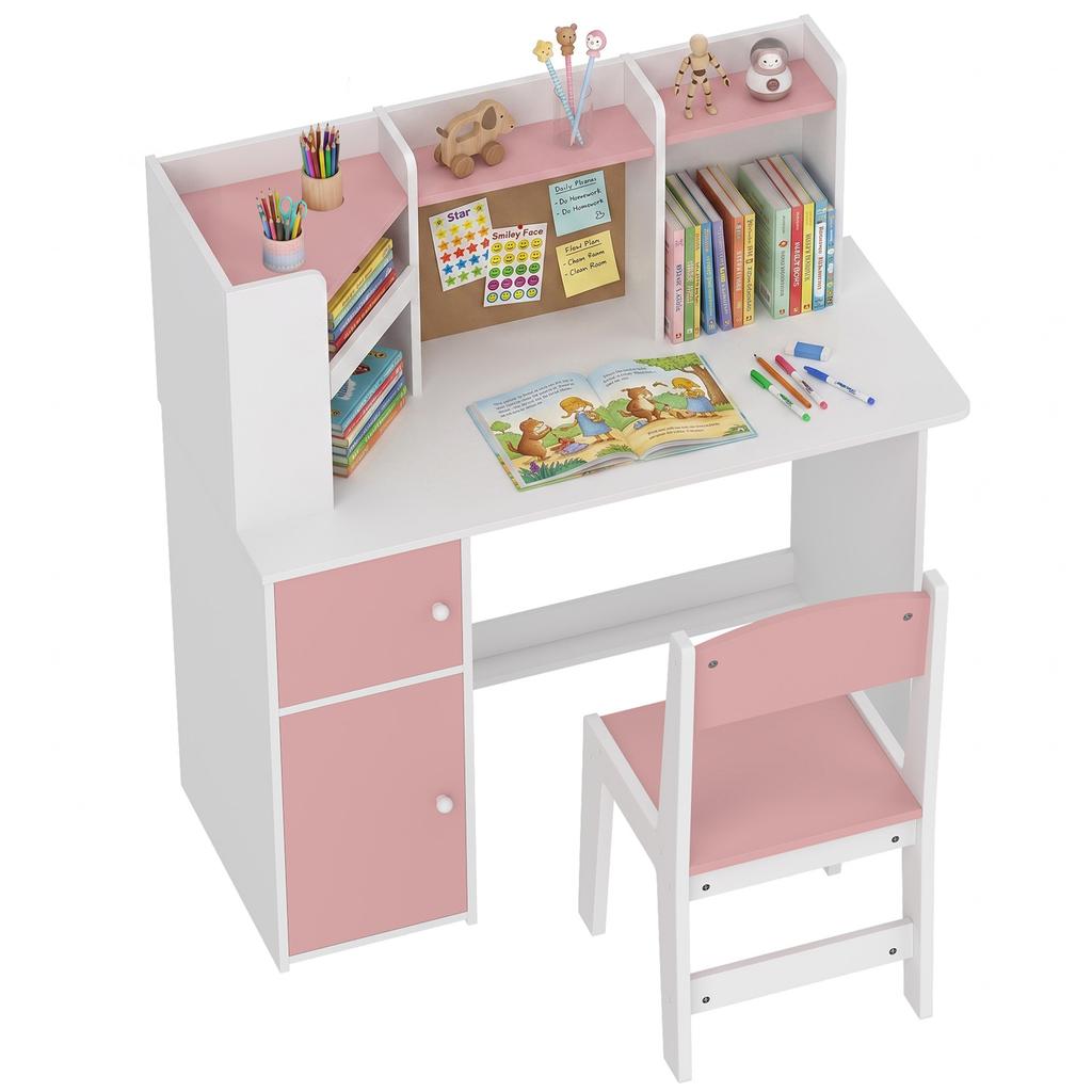 Kids Desk and Chair Set for 5-12 Years Old with Bookshelf, Pen Holder, Adjustable Tablet Stand, Pink