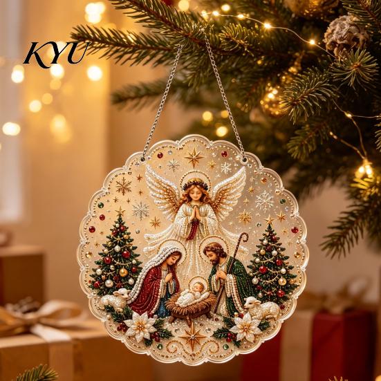 Sparkling Rhinestone Art Christmas Faux Pearl Painting Suncatcher Kit, 3D Nativity/Santa Claus/Bird/Tree Religious Holiday Decorations Beads