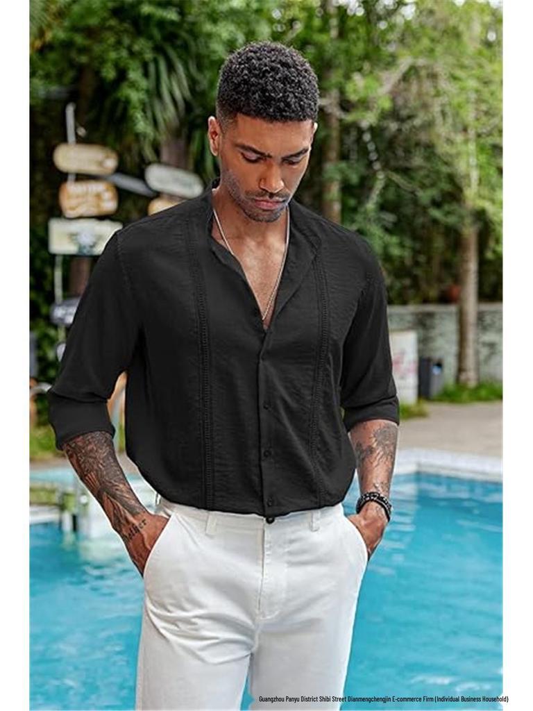 Men's Casual Cotton Linen Stand Collar Shirt - European & American Style for Summer Beach Vacation 2026