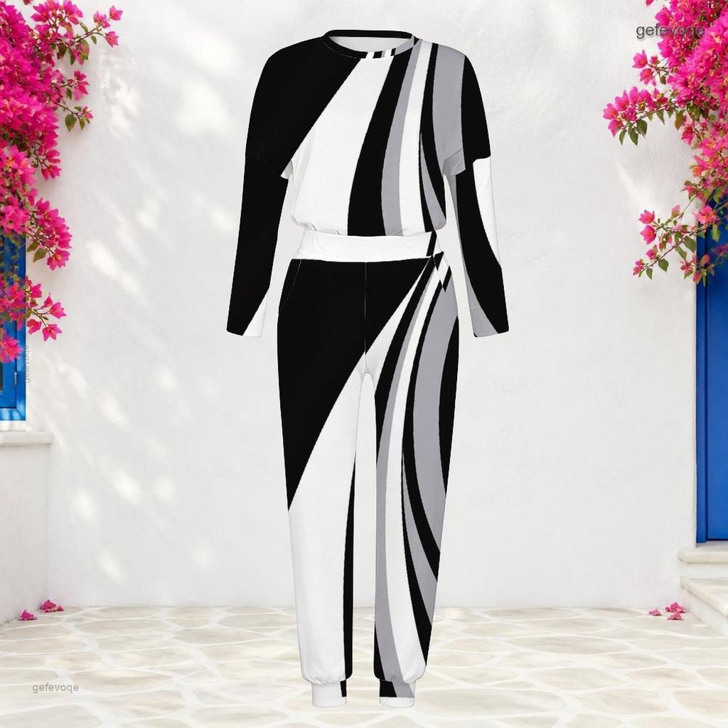 Women Plus Size Round Neck Long Sleeve Printed Black White Cuffed Top And Cuffed Pants Two Piece Set