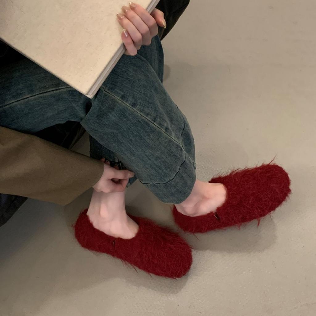2025 Autumn and Winter New Round-headed Mink Thick-soled Fluffy Warm Doudou Women's Single Shoes