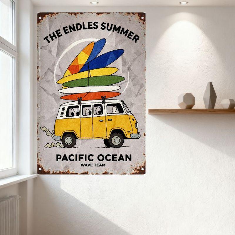 Винтажная металлическая жестяная табличка The Endless Summer Фургон Volkswagen Доски для серфинга Тихий океан Настенная табличка для мужской комнаты Домашний декор Пляжный Нос