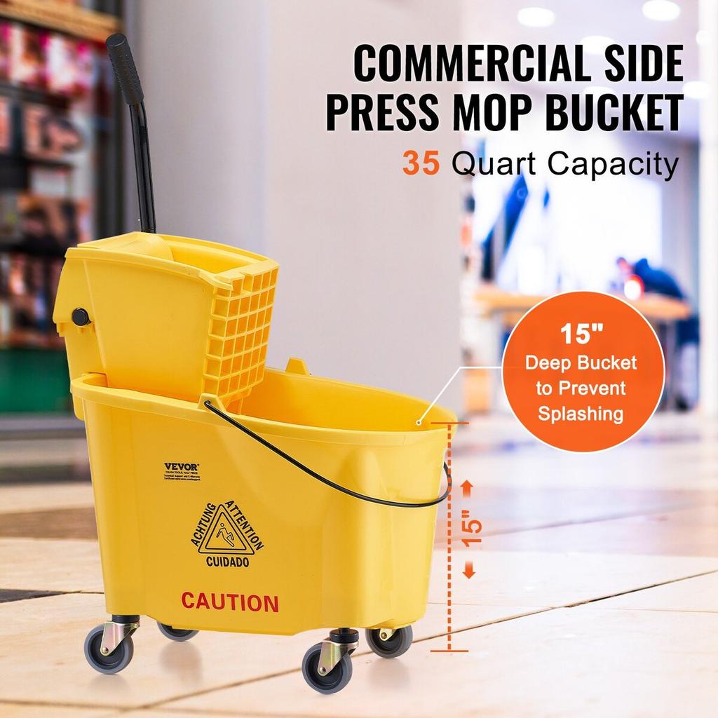 Mop Bucket with Wringer, 35 Qt. Commercial Mop Bucket with Side Press Wringer, Side-Press Mop Bucket and Wringer Combo on Wheels, for
