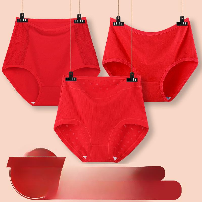 Женские трусы-брифы больших размеров из хлопка с высокой талией красного цвета