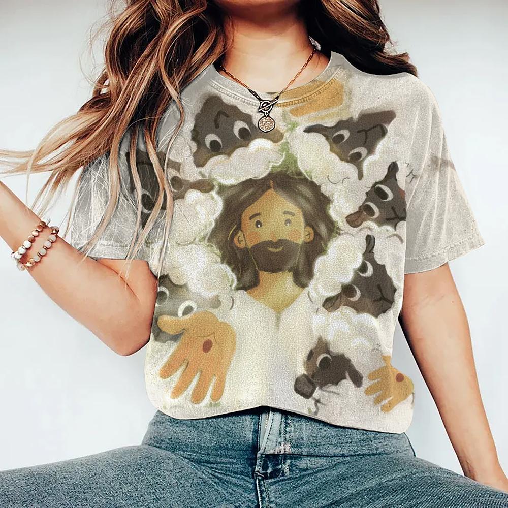 Women's retro T-shirt, cross printed T-shirt, Jesus retro T-shirt, round neck casual short sleeved, loose summer T-shirt