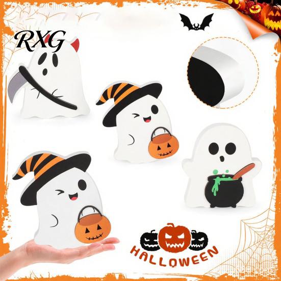 Wooden Halloween Decor 3Pcs Sweet Ghost Decor, Cute Figurines with Candy Ornaments Pumpkin & Cauldron, Tabletop Centerpiece for Home, Party