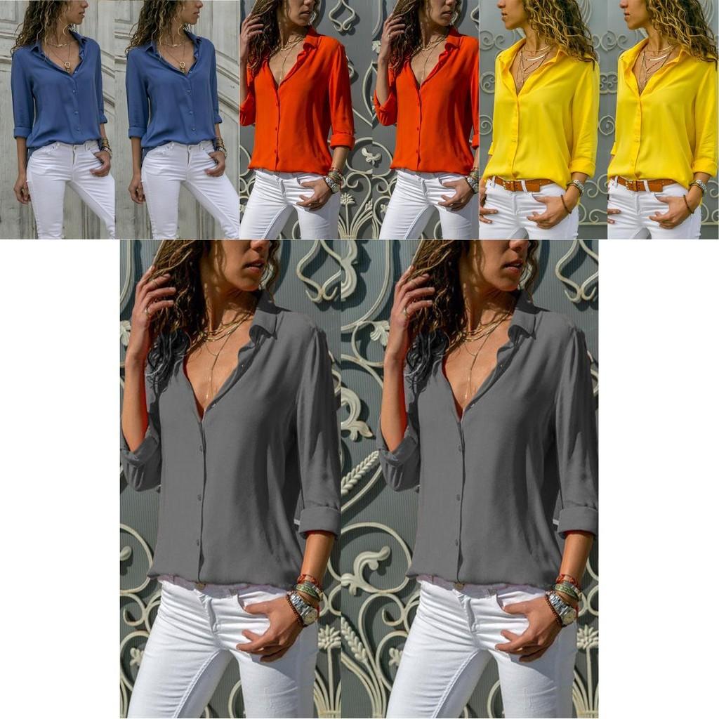 Вневременная однотонная женская офисная блузка-рубашка с длинным рукавом