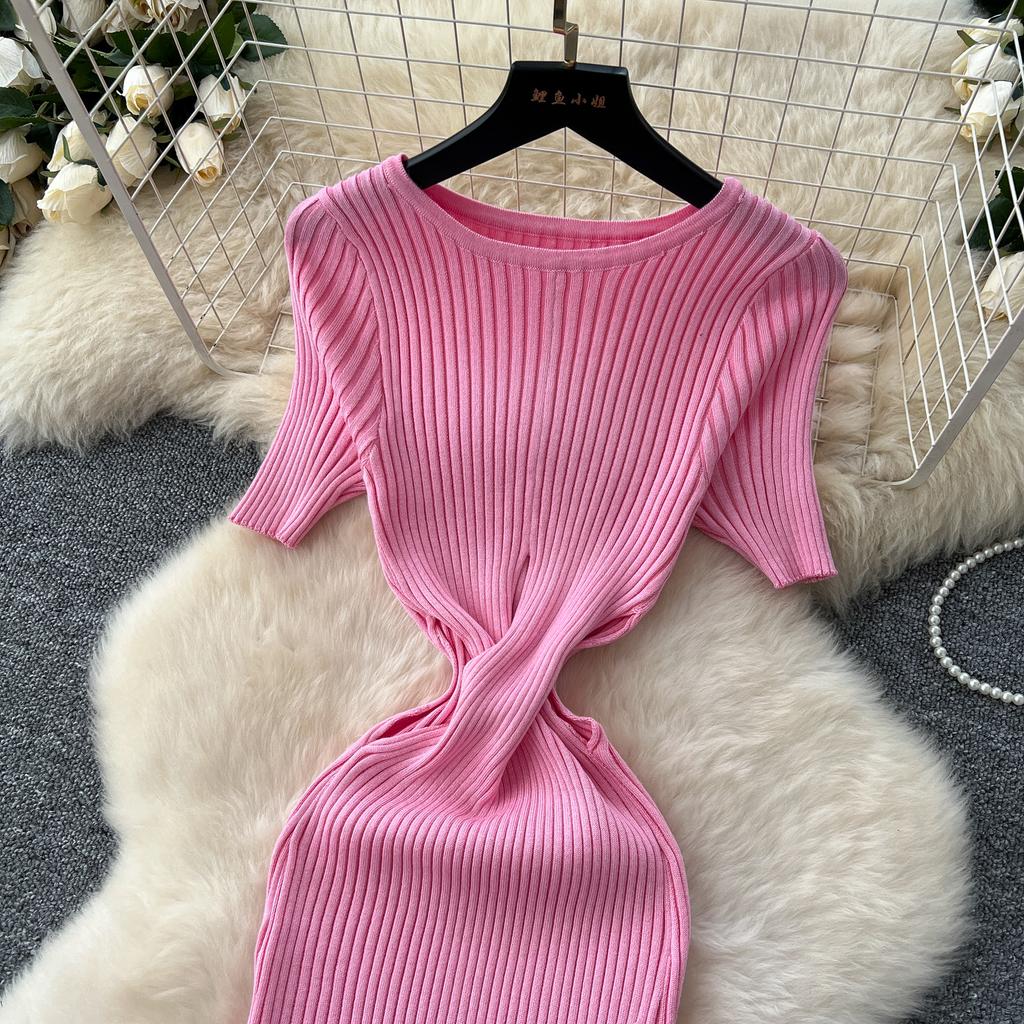 RUGOD сексуальное ажурное трикотажное платье 2025 года, облегающее, с коротким рукавом, с круглым вырезом, французское женское нежное облегающее длинное платье