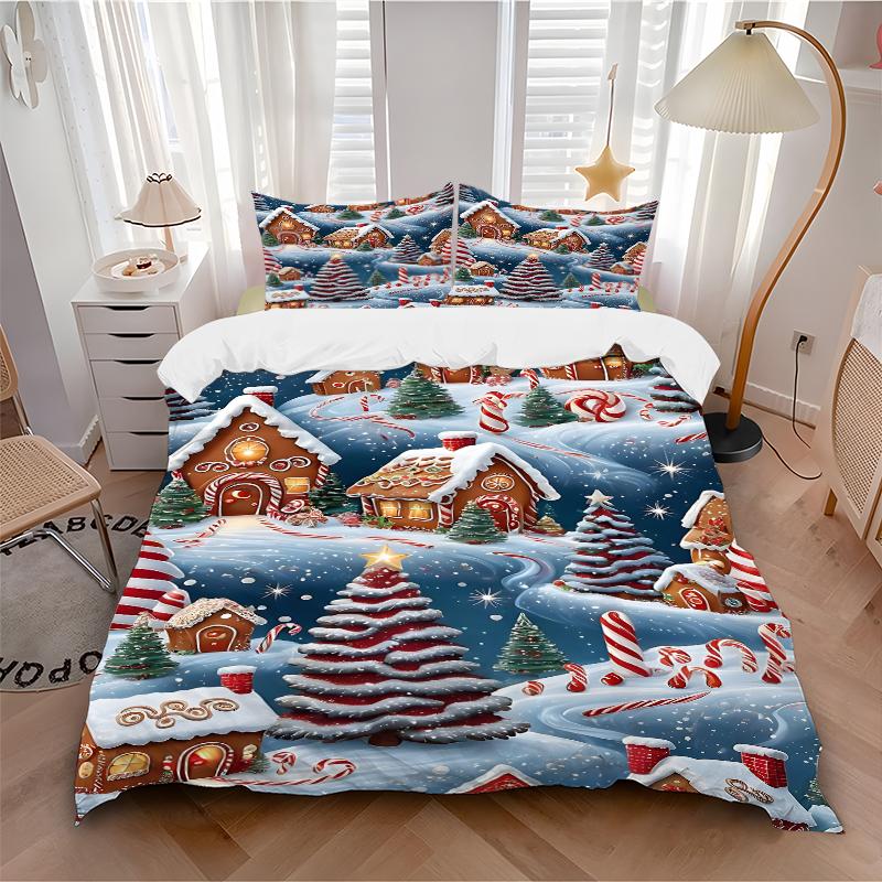 3Pcs Gingerbread Village Winter Night Bedding Set Quilt Cover Pillowcase Home Christmas Xmas Halloween Gift 1 Duvet Cover 2 Pillowcase S92127