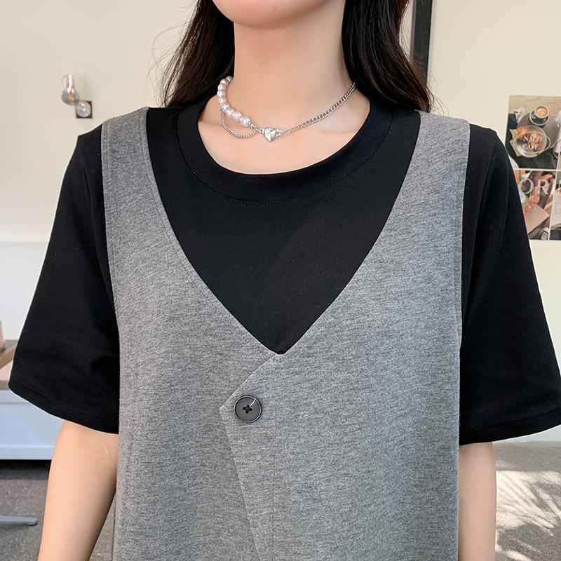 Dimanaf 2023 Plus Size Summer T-Shirt Dress Women Cotton Loose Dress O-Neck Vintage Fake Two-Piece Dress Short Sleeves Loose Casual Female Dresses