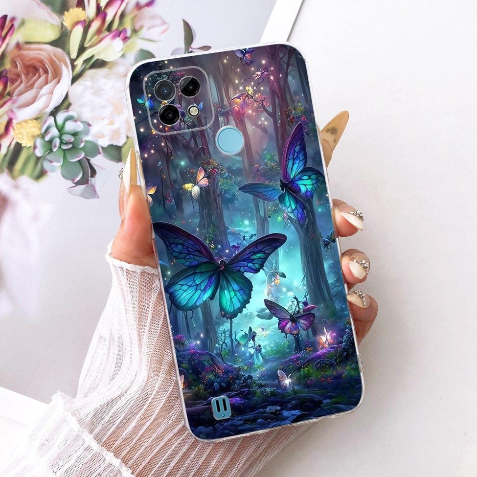 Clear Cover For Realme C21 Case RMX3201 Cute Cat Fashion Butterfly Funny Painted Phone Casing For Real me C21