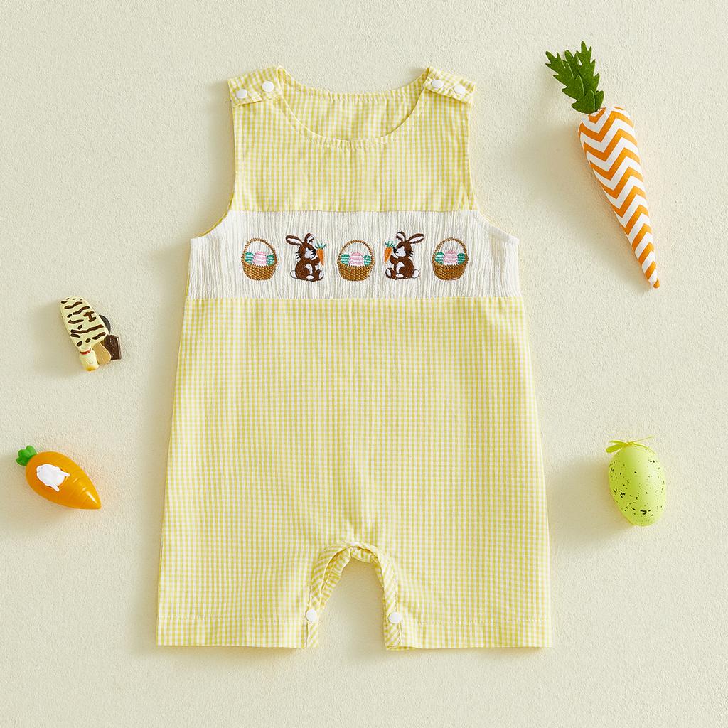 Baby Easter Romper Bunny Easter Egg Embroidered Plaid Sleeveless Crew Neck Newborn Jumpsuit Infant Overalls