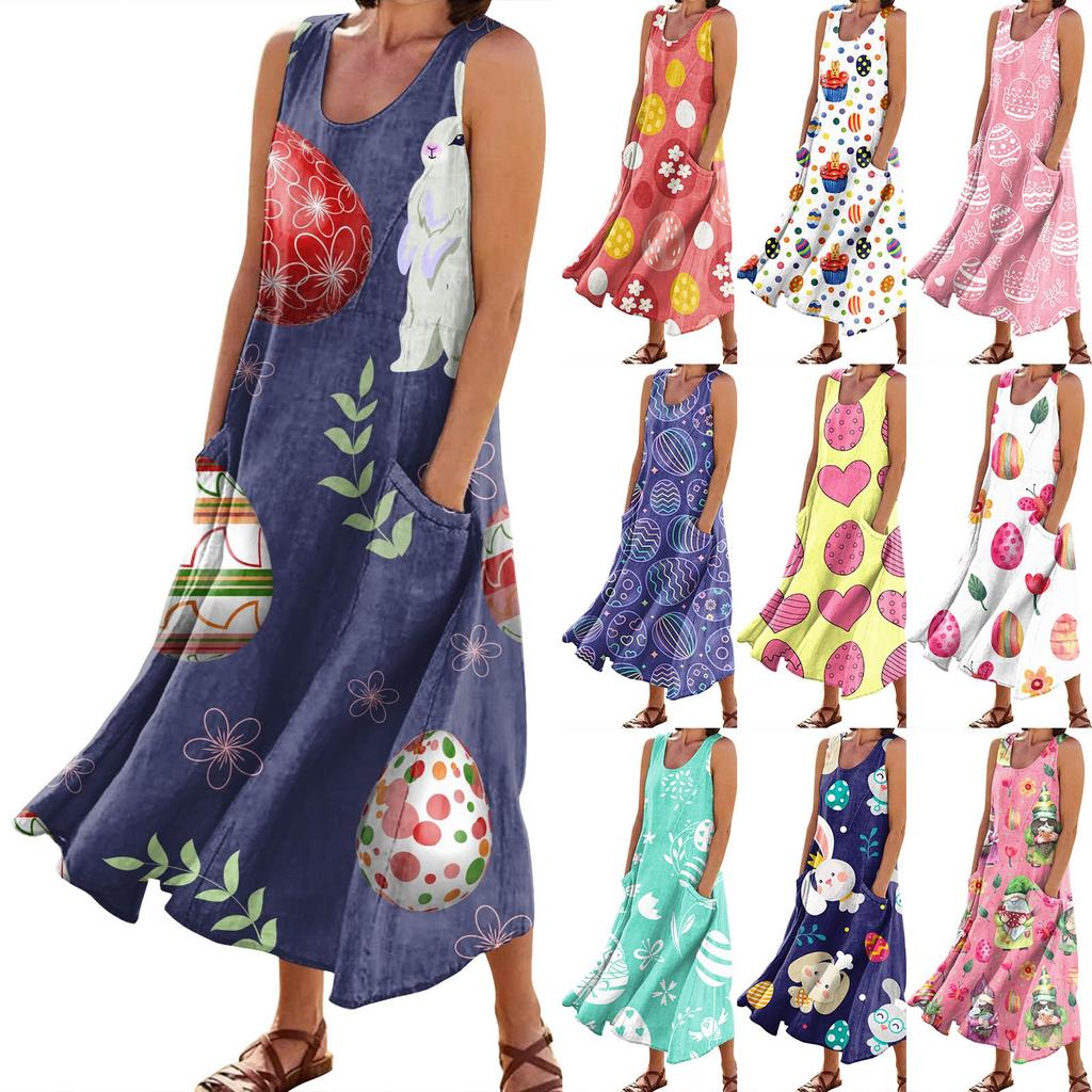 Women's Summer Casual Fashion Easter Printed Sleeveless Round Neck Pocket Dress