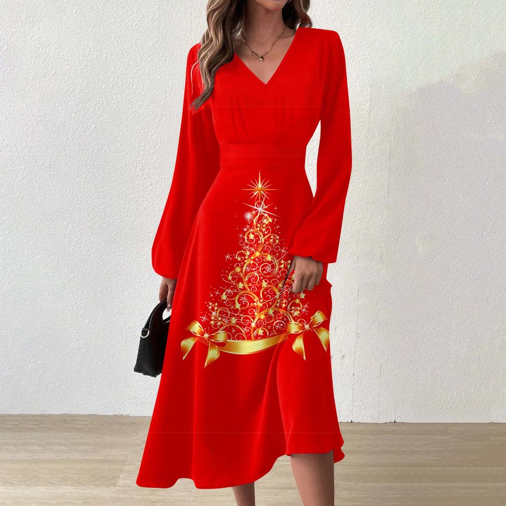 Женское осеннее и зимнее повседневное модное длинное платье с v-образным вырезом и длинным рукавом с принтом рождественской елки