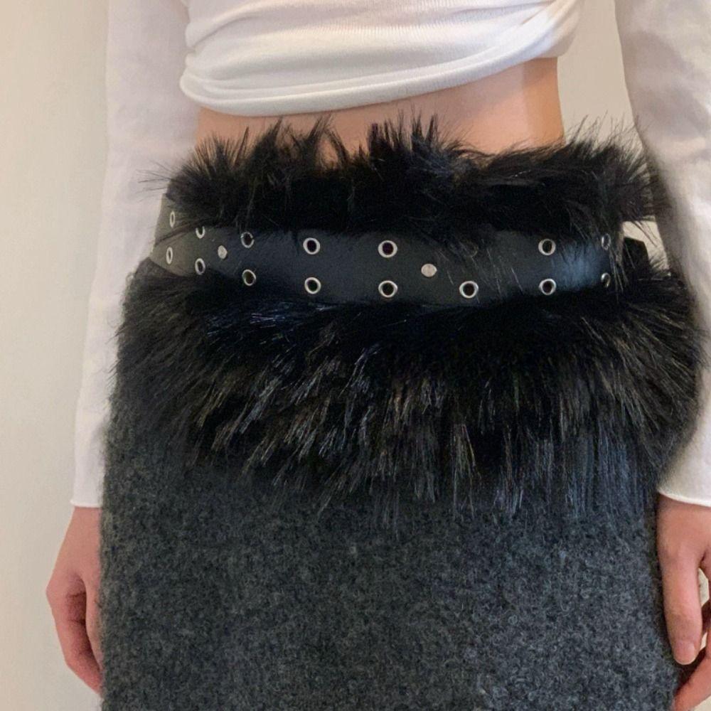 PU Leather Leather Fur Belt Rivet Y2K Waistband Fashion Furry Waistband  Dress Decoration