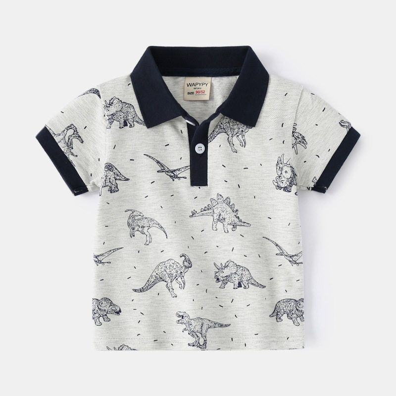 Boys' Half-Sleeve Polo Shirt, Summer Children's Clothing, Kids' Short-Sleeve T-Shirt with All-Over Dinosaur Print, Baby Boy Rocket Shirt