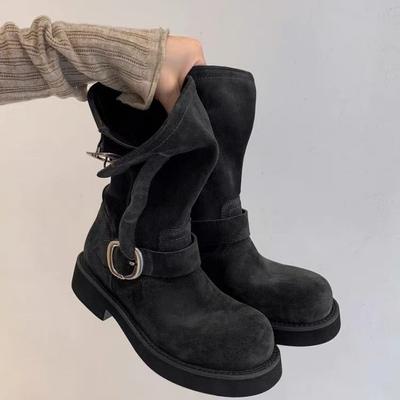 Кожаные ковбойские сапоги с круглым носком, толстым каблуком и платформенной подошвой, сапоги-локомотивы, короткие сапоги с пряжкой на ремне, ботинки Мартин, женские сапоги средней высоты