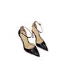 One word with black high heels women's 2025 new thin heel shallow mouth pointed patent leather temperament sexy hollow single shoes