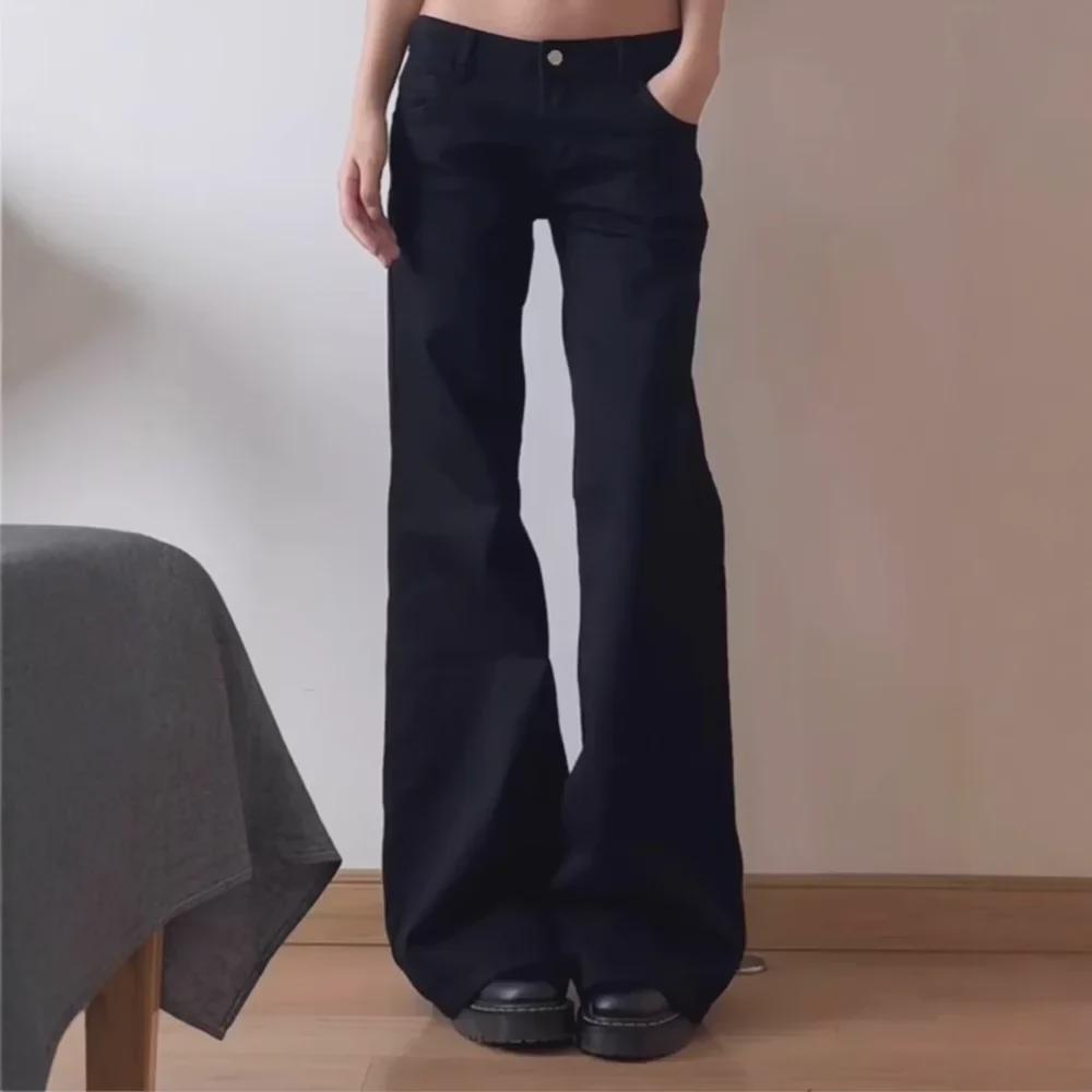 Женские широкие расклешенные джинсы большого размера черного цвета с заниженной талией - американский стиль, ранняя осень