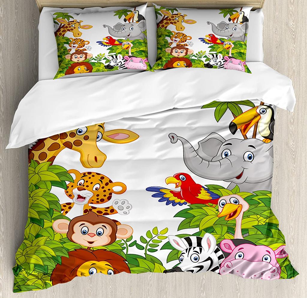 Nursery Bedding Set Comforter Duvet Cover Pillow Shams Funny Playful Jungle Animals Wildlife Mammal Bedding Cover Double Bed Set