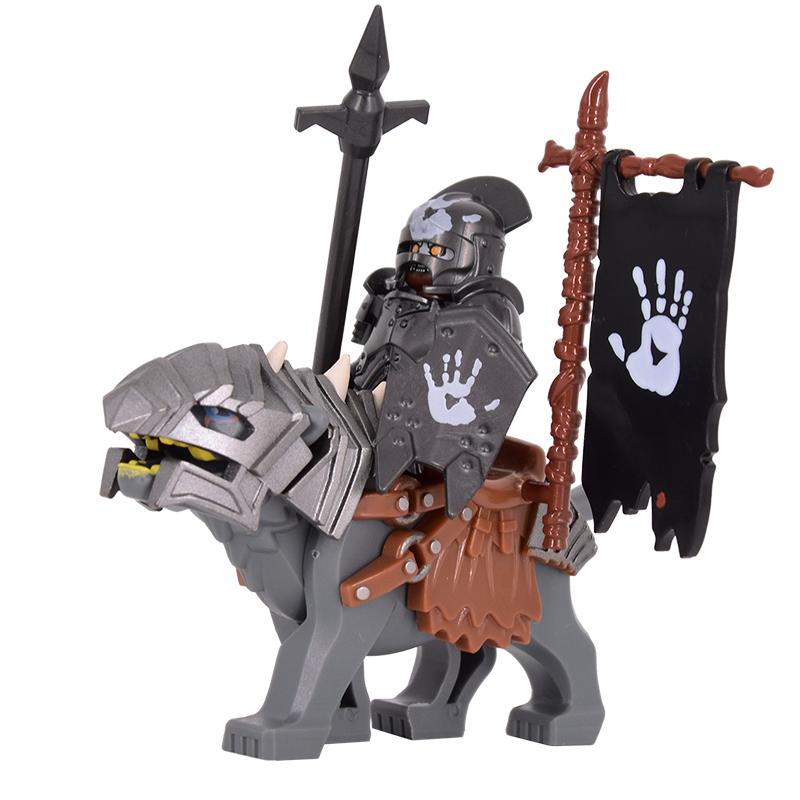 1PCS Medieval Lotr Figures Orc Cav BanV Soldiers Brown Wolf Rider Mount Knights Building Blocks Bricks Toys for Children Gifts