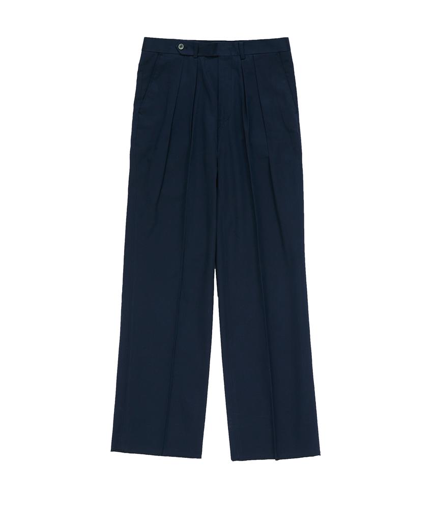BELLIEF Gabardine Cotton Double Pleats Wide Chino Pants (Navy)