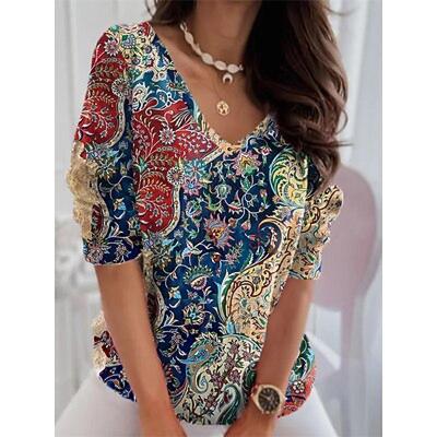 Жен. Футболка Футболка Графика Повседневные Выходные Красный Синий Лиловый С принтом Длинный рукав Мода V-образный вырез Обычный крой Весна & осень