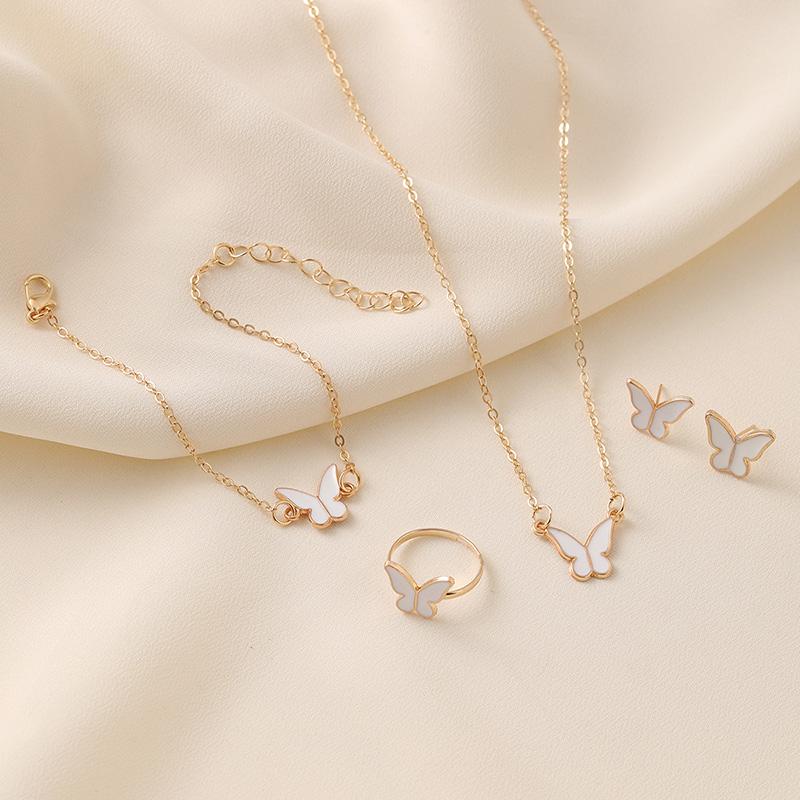 New Personalized Butterfly Glazed Bracelet Ring Necklace Earring, Exquisite Small and Fashionableand High Sense Collar Chain Set