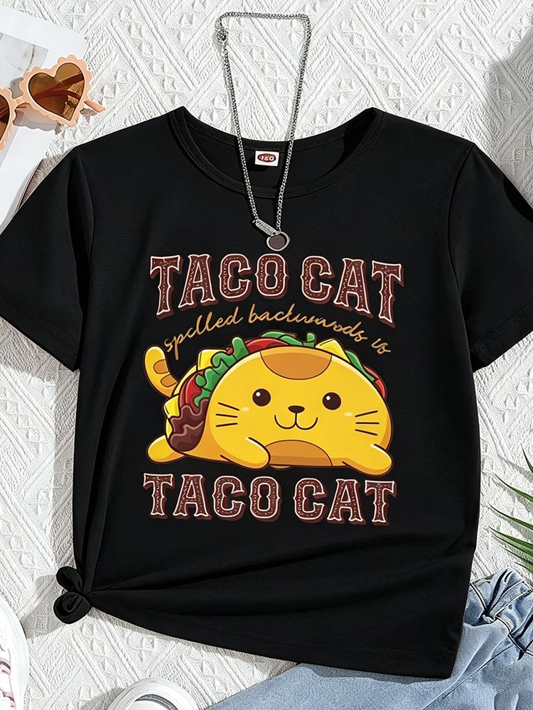Cartoon Taco Cat Print T Shirt Unisex Unisex Round Neck Short Sleeve Tshirts Meme Animal Summer Streetwear