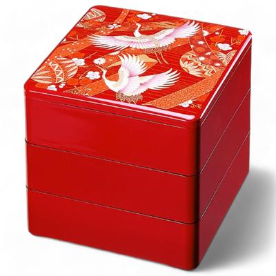 J-kitchens Шкатулка-jubako из лакированного дерева, 3 яруса, 7,5 дюйма, глубокая, с дизайном красного журавля темари, 22 см, смола, сделано в Японии