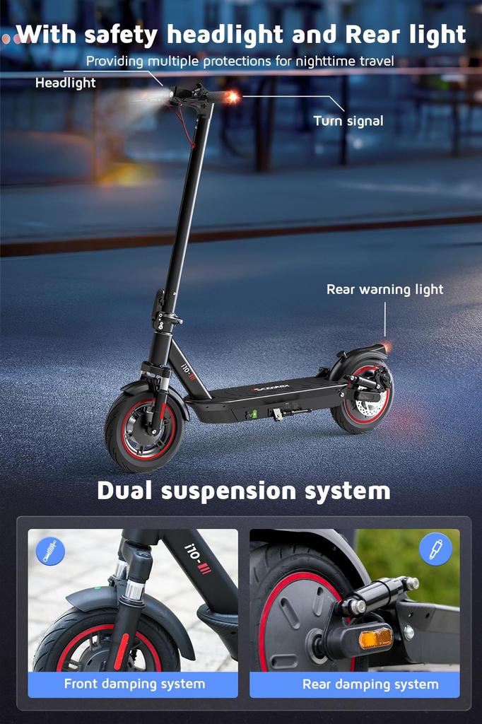 iScooter I10 10" 650W Electric Scooter, 42V 15Ah, 45km Range, Rear Drive, Air Tires, Dual Suspension, APP Control