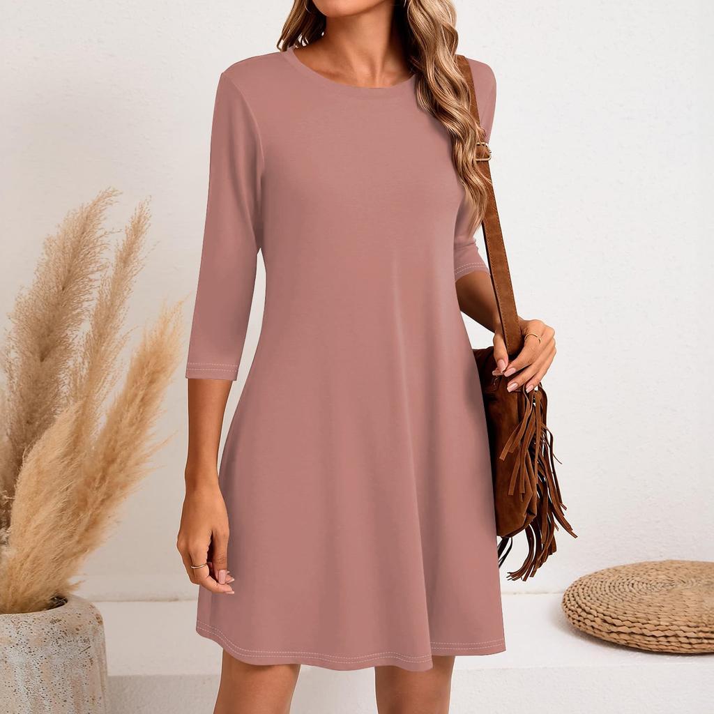 Женское модное повседневное однотонное короткое платье с круглым вырезом и рукавом три четверти