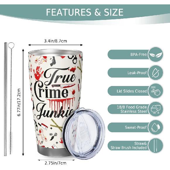 True Crime Tumbler 20oz, Criminal Minds Merch Travel Mugs, Gifts for Serial Killer Lover Tumbler for Men Women, 20oz Coffee Cup for Crime Junkie