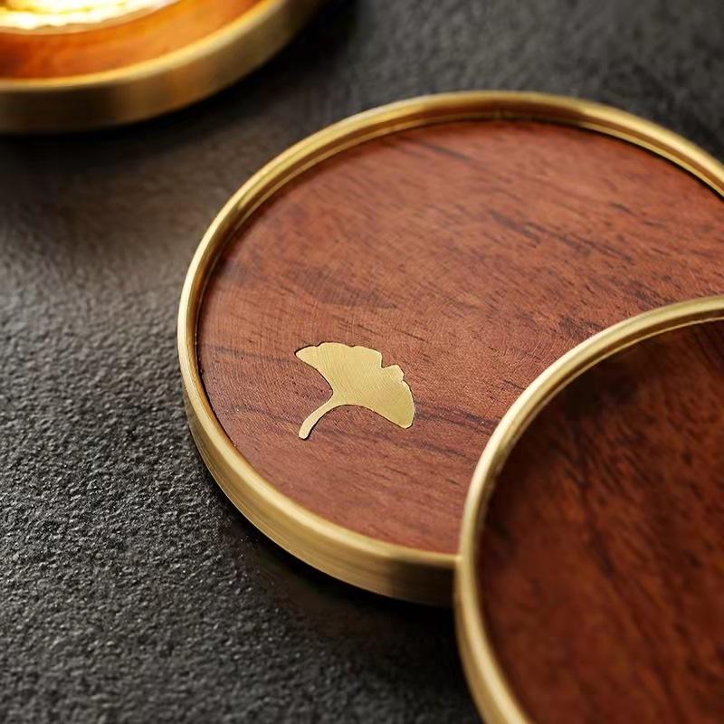Набор подставок из розового дерева, круглый коврик из черного дерева, термостойкий коврик для чашки кофе, офиса, дома, кухни, с медным противоскользящим покрытием