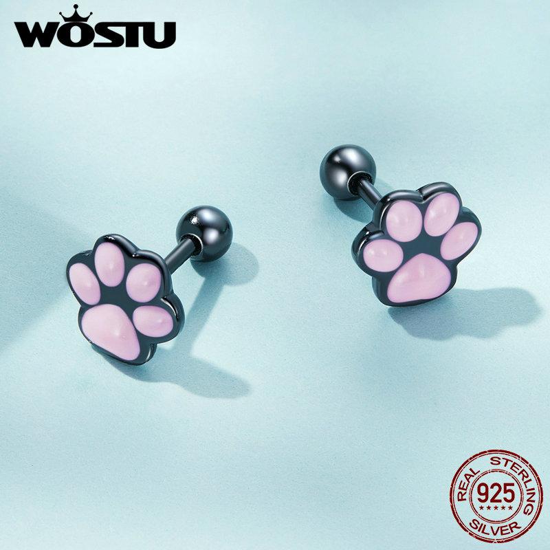 WOSTU Настоящее серебро 925 пробы, серьги-кольца с кошачьими ушками для женщин, милые розовые милые шпильки в виде лап домашних животных, клипсы для девочек, уникальные ювелирные изделия, подарок