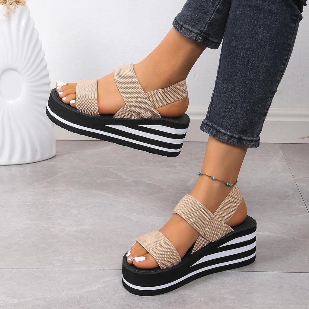 Women's Black & White Roman-Style Sandals with Thick Sole, Faux Hemp Rope Design, Perfect for Summer Style