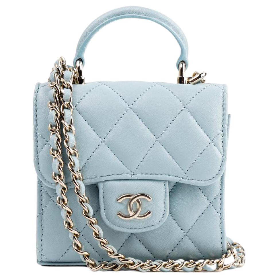 Chanel Кожаная сумка-цепочка с ромбовидным узором и магнитной застежкой, из овчины и золотого металла, женская, небесно-голубая