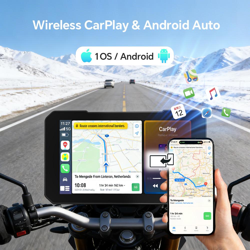 IP67Waterproof Touch Screen GPS Navigator Mirror Link Android Auto 5" Carplay Screen Worldwide Map for Motorcycle