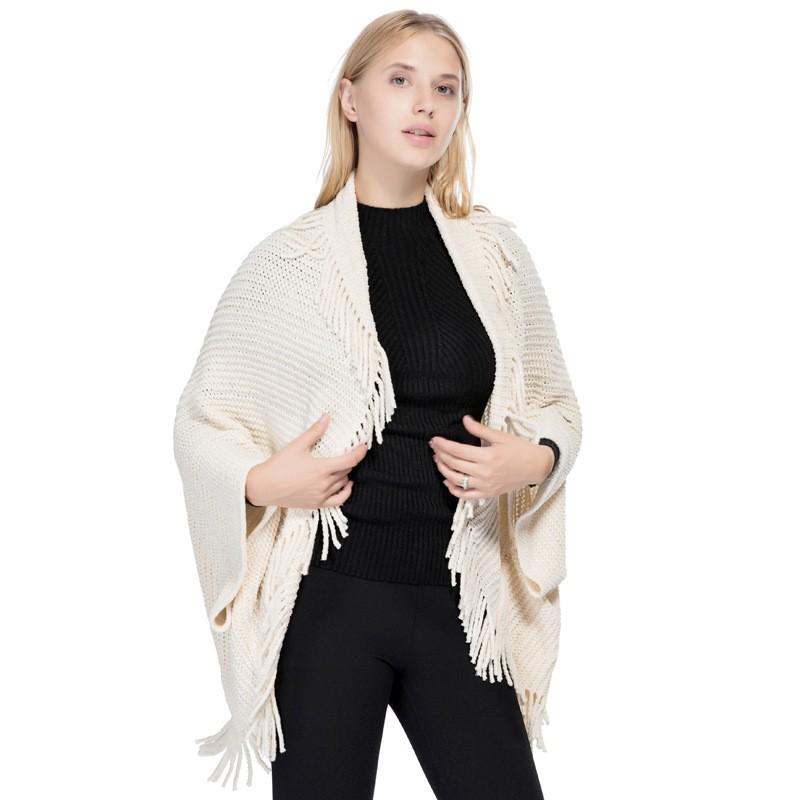 Womens Knit Shawl Winter Fall Tassel Cardigan Cape Warm Faux Wool Blend