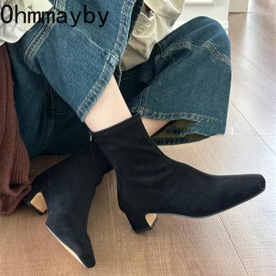 Мода остроносые женские тонкие короткие сапоги модные ботильоны с молнией сзади в стиле ретро на квадратном каблуке осенне-зимняя обувь