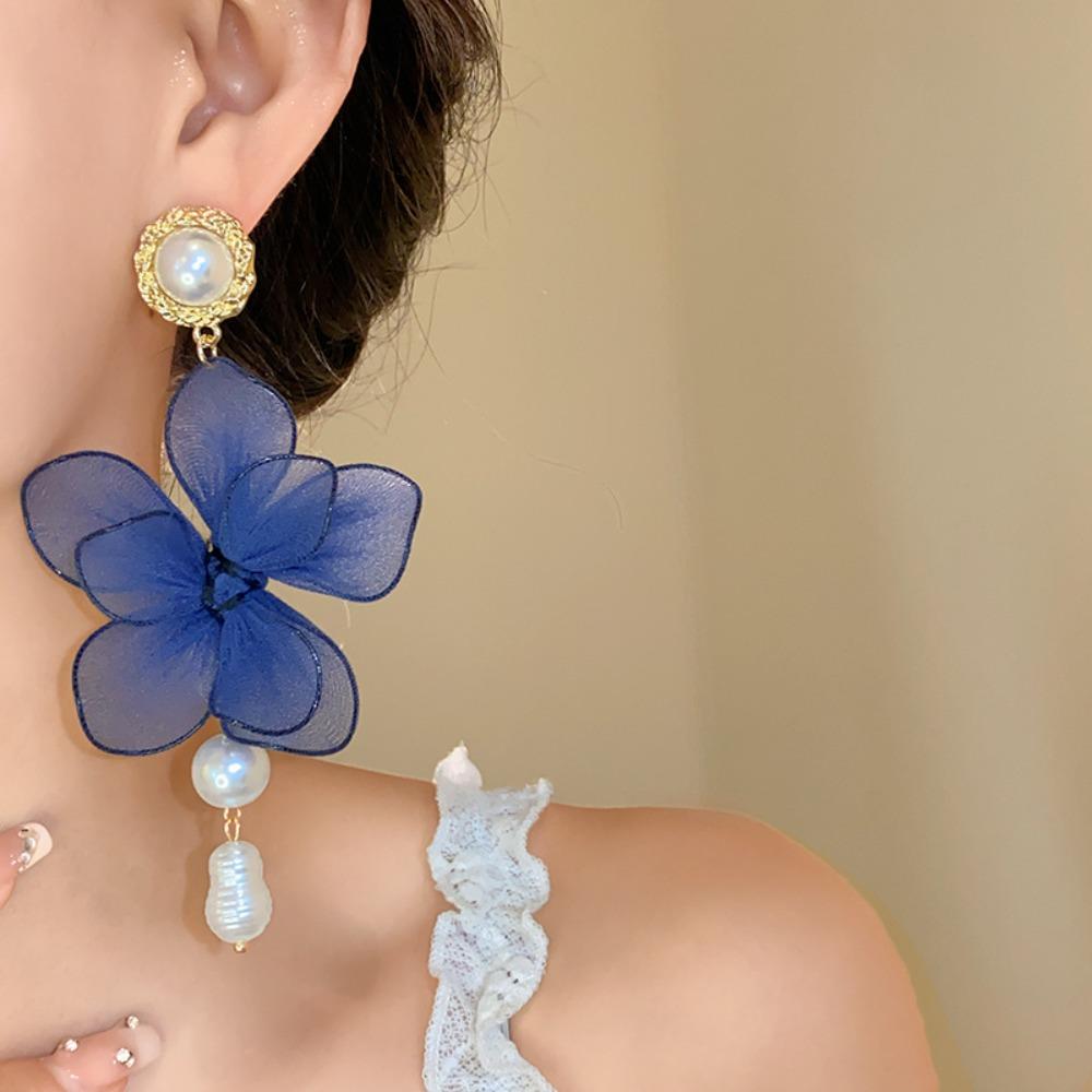 Sweet Beach Earrings Exaggerated Petals Stud Earrings Romantic Mesh Flower Dangle Earrings  Party