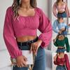 Women Sexy Cropped Tops Off Shoulder Lantern Long Sleeve Blouse Cross Lace-up Solid Color Loose Fit Tee Shirt Streetwear