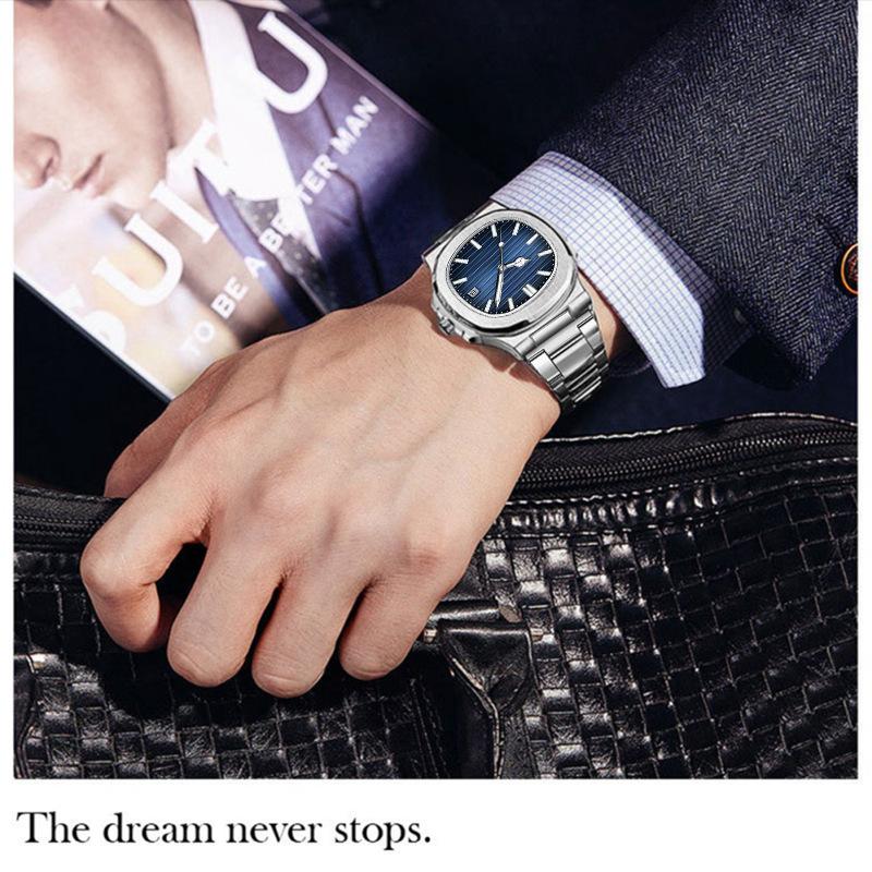 LP62 New 4pcs Alloy Square Men Quartz Movement Watch Waterproof Business Watch Cross Necklace Bracelet Ring Set Selected Gift