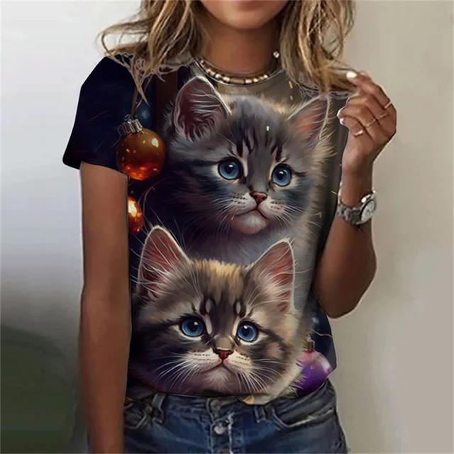 Модная женская футболка с 3D принтом Kawaii Cat Pattern, топ с короткими рукавами и круглым вырезом, летняя уличная повседневная уличная простая одежда
