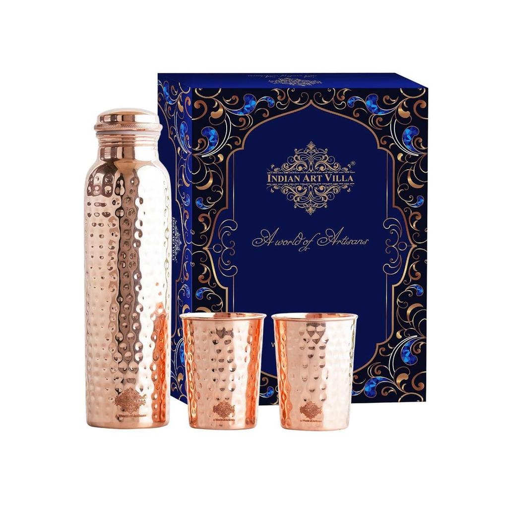 Новейший подарочный набор для напитков из чистой меди, 1 бутылка и 2 стакана с подарочной коробкой, подарочный предмет на Дивали, день рождения и вечеринки Бутылка - 1000 мл и стакан - 300 мл