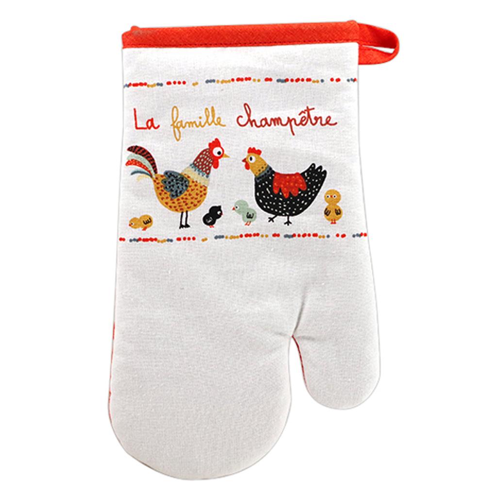 Les Trésors De Lily [R6606] - Kitchen Glove 'Hens' Orange White (the Country Family) - 28x14cm
