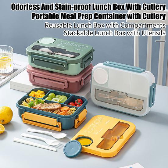 Ланч-бокс на 1300 мл с вилкой, ложкой, 4 отделениями, коробка для бенто, герметичный многоразовый контейнер для хранения продуктов питания, не содержащий бисфенола-А, для детей, студентов, офиса